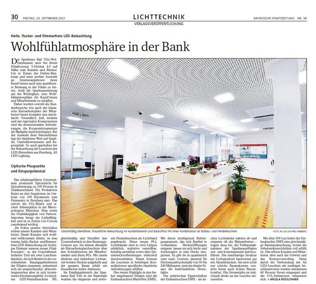 Pressebericht von der Bayerischen Staatszeitung über AS LED Lightings modernes Bürobeleuchtungskonzept