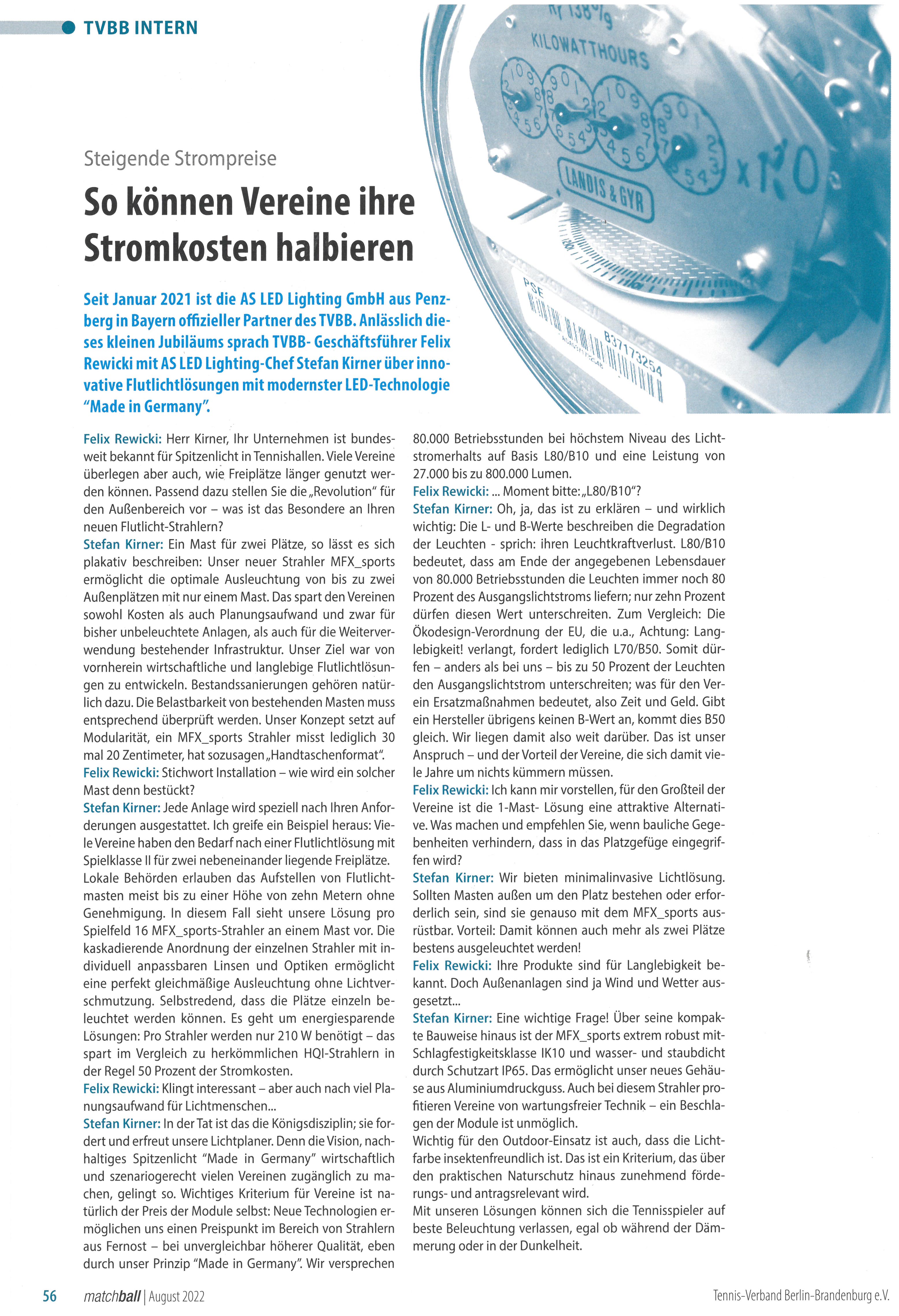 Interview TVBB Matchball mit AS LED Lighting zum Thema Stromkosten halbieren 