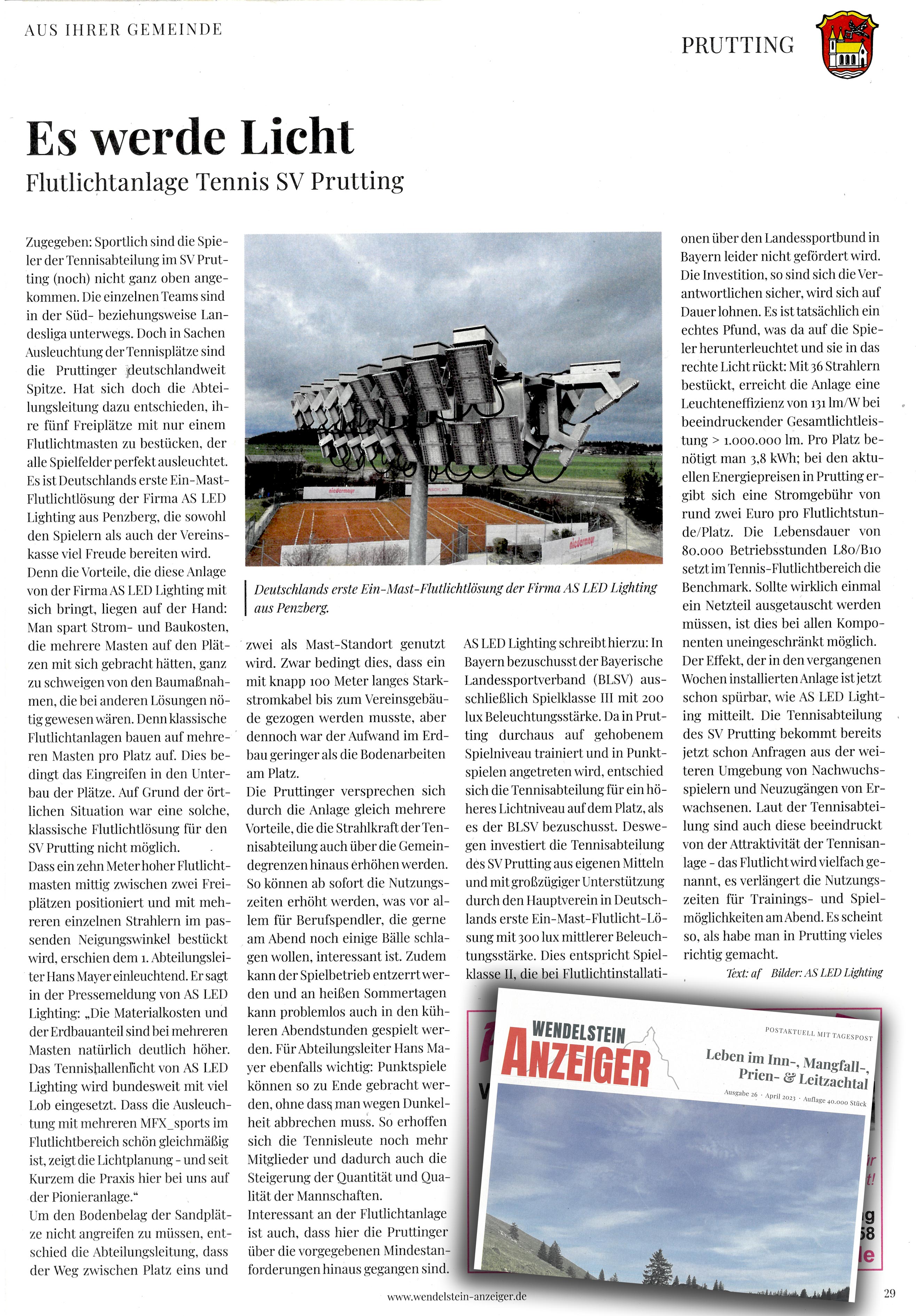 Pressetext Wendelsteiner Anzeiger zur ersten 1-Mast-Lösung mit MFX_sports beim SV Prutting e.V.
