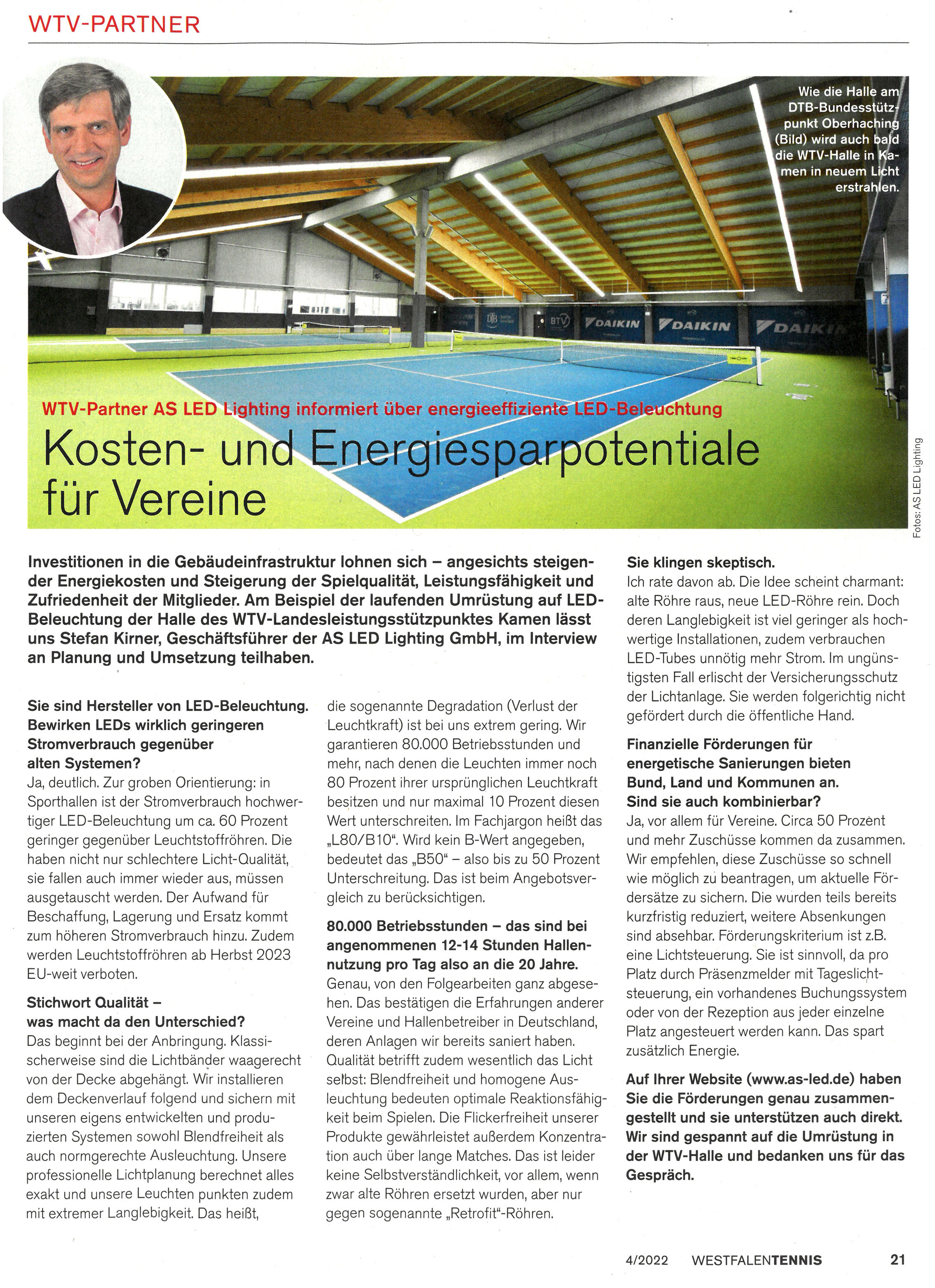 Westfalen Tennis Interview mit AS LED Lighting über Energieeinspareffekte für Tennisvereine durch LED