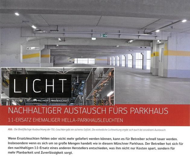 Pressebericht LICHT über TGL Leuchten als passender Ersatz für HELLA-Parkhausleuchten